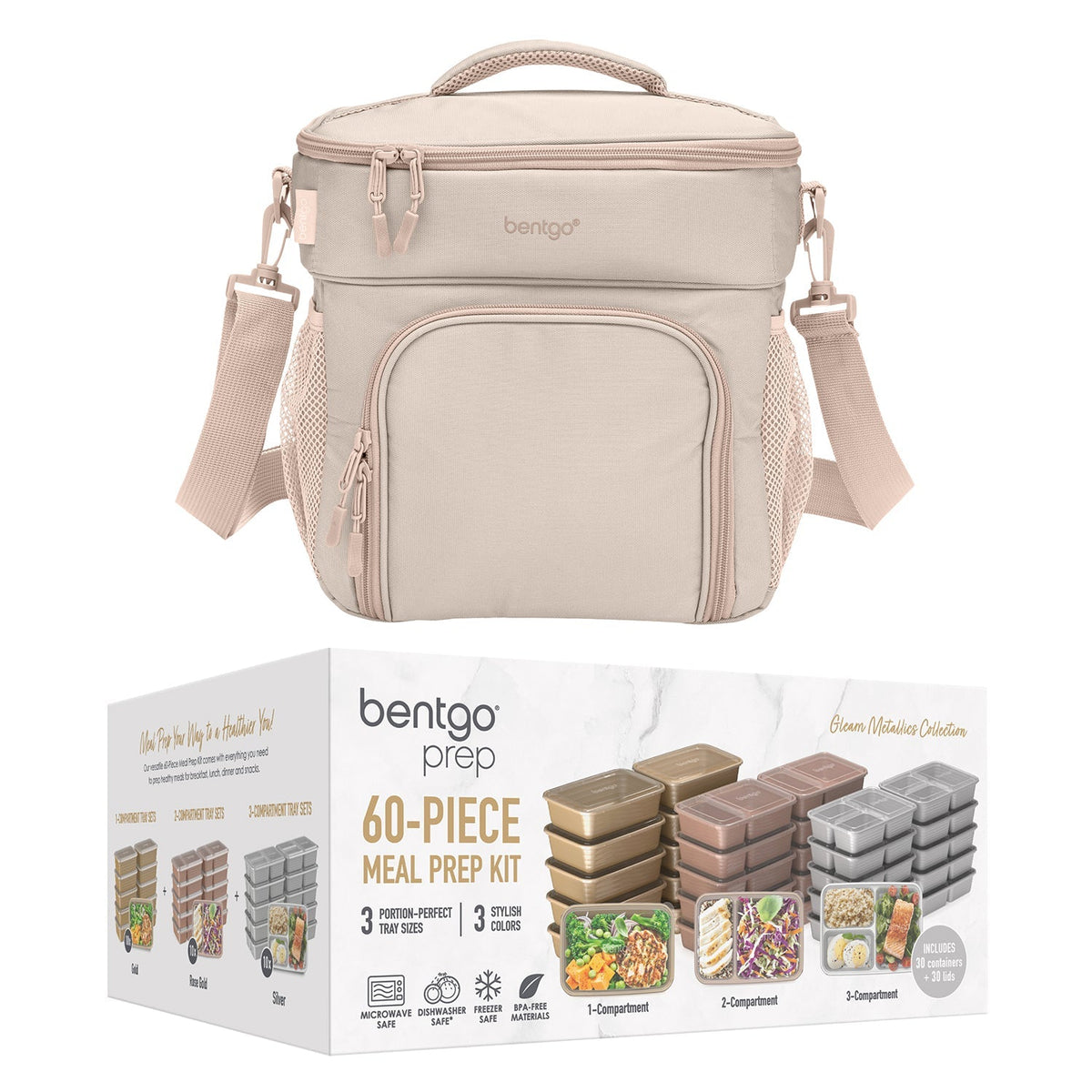 Bentgo Prep Deluxe Bag & 60-Piece Meal Prep Container Set - Sand and Gleam Metallics