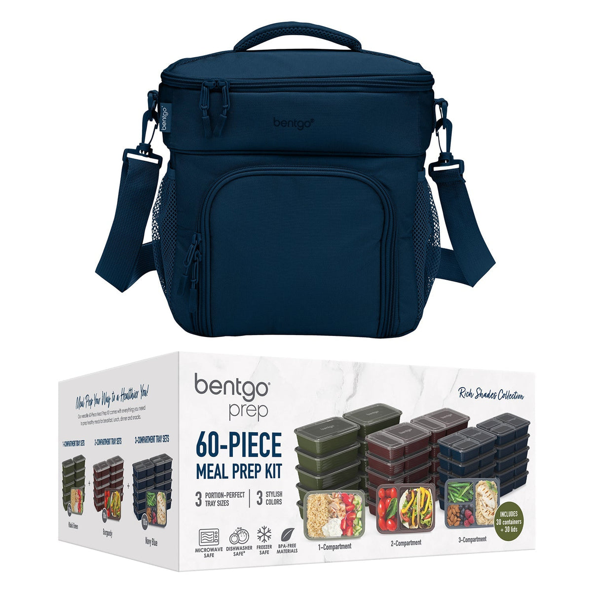 Bentgo Prep Deluxe Bag & 60-Piece Meal Prep Container Set - Navy Blue and Rich Shades